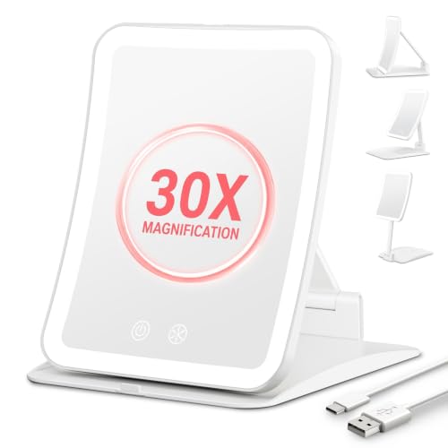 Auxmir 30X Magnifying Travel Makeup Mirror, 2000mAh Rechargeable Mirror | 3 light colors with 64 LEDs, touch dimming, compact portable foldable, adjustable height & angle, travel, 30X magnification