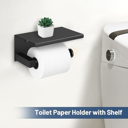 TURS 5-Pieces Matte Black Bathroom Hardware Set 23.6 Inch SUS304 Stainless Steel Towel Bar Set Wall Mounted Square Toilet Paper Holder with Shelf - color: Matte Black, size: 5-Pieces Set