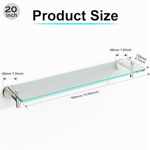 Glass Shelves for Bathroom,20-Inch Brushed Nickel Floating Bathroom Shelf Stainless Steel Tempered Glass Shelf Modern Shelves Wall Mounted - color: Brushed Nickel, size: 20"without railing