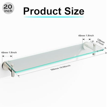 Glass Shelves for Bathroom,20-Inch Brushed Nickel Floating Bathroom Shelf Stainless Steel Tempered Glass Shelf Modern Shelves Wall Mounted - color: Brushed Nickel, size: 20"without railing