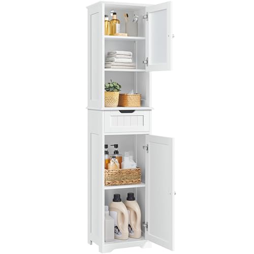 Yaheetech Tall Slim Bathroom Storage Cabinet with Frosted Glass Door, White | Narrow Floor Cabinet for Tight Spots, Reversible Doors, Adjustable Shelves and Drawer for Towel and Linen Storage, MDF Build - style: 2 Doors + 1 Drawer
