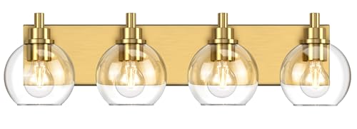 IZORRO Bathroom Light Fixtures, 4-Light Brushed Gold Vanity Light, Modern Wall Sconces with Globe Clear Glass Shade, Vanity Lighting Fixtures Over Mirror,E26 Bulb Socket - color: Brushed Gold, size: 4-Light