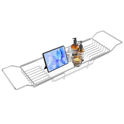 Bathtub Tray Stainless Steel with Marble Base Chrome Bathtub Tray with White Marble Base Adjustable & Rustproof Bath Caddy for Spa, Relaxation, Bath Bombs - color: Chrome