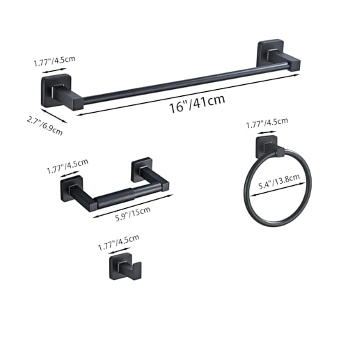 Matte Black Bathroom Hardware Set 4 Pieces,Towel Bar Set Stainless Steel Wall Mounted, Includes 16In Hand Towel Bar, Towel Ring, Robe Towel Hooks,Toilet Paper Holder, Bathroom Towel Rack Set - color: Matte Black, size: 16Inch