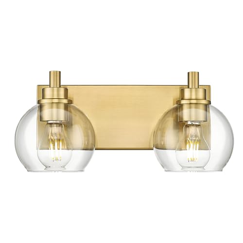 Bathroom Light Fixtures, 2 Light Brushed Gold Vanity Light, Modern Wall Sconces with Clear Glass Globe Shade, Bathroom Wall Lights Over Mirror Kitchen Bedroom Hallway, VL195-GD-2 | 15" modern bathroom light fixtures over mirror, E26 base, bulbs not includ