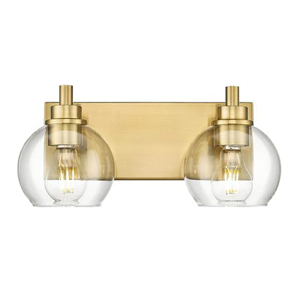 Bathroom Light Fixtures, 2 Light Brushed Gold Vanity Light, Modern Wall Sconces with Clear Glass Globe Shade, Bathroom Wall Lights Over Mirror Kitchen Bedroom Hallway, VL195-GD-2 | 15" modern bathroom light fixtures over mirror, E26 base, bulbs not includ