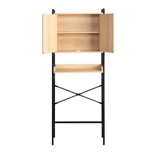 Solianne Over Toilet Cabinet, Wood Grain Embossed Design Space Saver Storage, 64.5x30x171cm Tall Freestanding Unit with Double Doors & Shelf, MDF Melamine Veneer & Square Tubing Frame for Bathroom