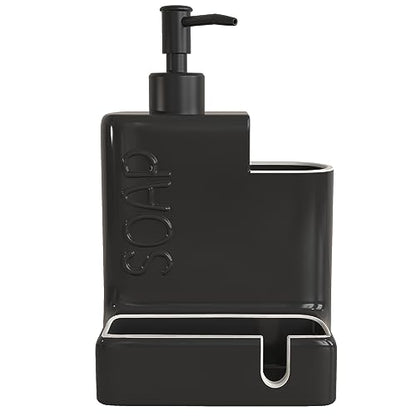 Soap Dispenser with Sponge Holder and Brush Holder, Ceramic Dish Soap Dispenser Pump, 3 in 1 Liquid Hand Soap Organizer with Funnel for Kitchen Sink Countertop, Matte Black