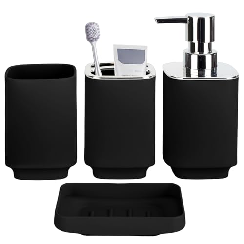 RRM Bathroom Accessories Set 4 Piece, Black Boho Bathroom Decor | includes Soap Dispenser, Toothbrush Holder, Mouthwash Cup, Soap Dish, Bathroom Sink Set for Modern Home Decor - color: Black, size: 4PCS