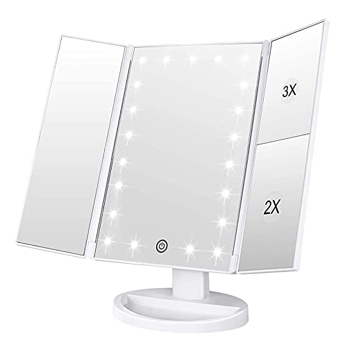 WEILY Makeup Mirror with 21 LED Lights,Two Power Supply Modes | Adjustable Touch Screen and 1x/2x/3x Magnification Tri-Fold Vanity Mirror,Chargeable Travel Cosmetic Mirror for Desktop - color: White, size: 3.2"L x 7.5"W