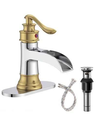 Bathroom Faucet Waterfall Sink Faucets Bathroom Widespread Single Handle | Chrome and Gold for 1 or 3 Holes Rustic Vanity Farmhouse with Pop-up Drain Deck Plate Hose by Homevacious - color: Chrome & Gold