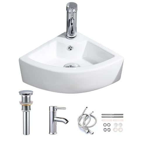 Wall Mount Triangle Corner Bathroom Sink with Faucet&Drain Kit 12.8x12.8in | Glossy stain-resistant ceramic; fast draining bowl; full mounting hardware; measure corner wall space before ordering - style: with Faucet&Drain Set