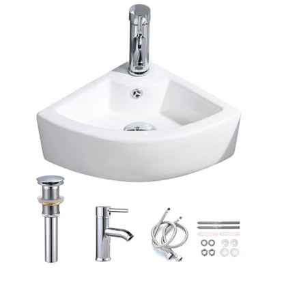 Wall Mount Triangle Corner Bathroom Sink with Faucet&Drain Kit 12.8x12.8in | Glossy stain-resistant ceramic; fast draining bowl; full mounting hardware; measure corner wall space before ordering - style: with Faucet&Drain Set