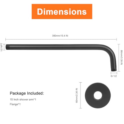 Shower Arm with Flange and Teflon Tape, Wall Mounted Shower Pipe 304 Stainless Steel Extension Arm for Fixed Shower Head & Handheld (15 Inch, Matte Black) - color: Matte Black, style: 15 Inch