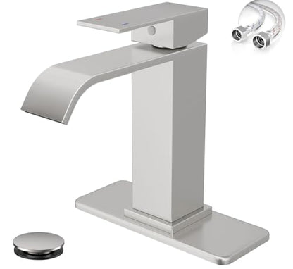 Brushed Nickel Bathroom Faucets Evolvegoods Modern Waterfall Faucet | Single Handle 1 or 3 Hole Bathroom Sink Faucet RV Mixer Tap Vanity Faucet with Deck Plate Pop-up Drain and Supply Lines - color: Brushed Nickel