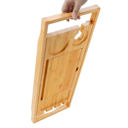 Utoplike Bamboo Bathtub Caddy Tray for Tub, Expandable Bath Table Trays | Adjustable, Bathroom Organizer with Book Tablet Stand, Wine Glass Cup, Towel Holder (24.5"-37.4") - color: 24.5-37.4 in