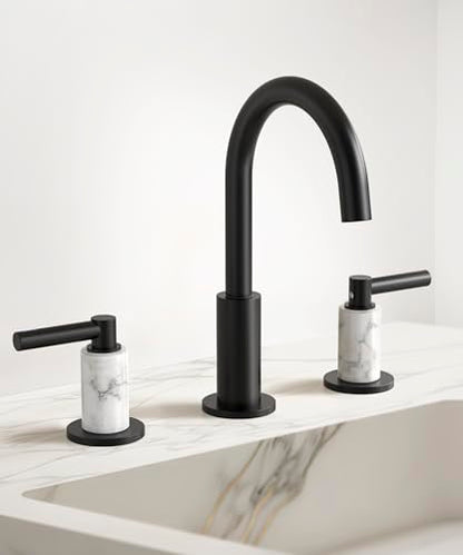 KES Natural Italian Carrara Marble Matte Black Bathroom Faucet 3 Hole with All Metal Pop Up Sink Drain, 8 Inch Widespread Bathroom Sink Faucet for Vanity, 360° Swivel Spout, 18/8 Stainless Steel - color: Matte Black