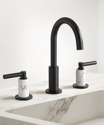 KES Natural Italian Carrara Marble Matte Black Bathroom Faucet 3 Hole with All Metal Pop Up Sink Drain, 8 Inch Widespread Bathroom Sink Faucet for Vanity, 360° Swivel Spout, 18/8 Stainless Steel - color: Matte Black