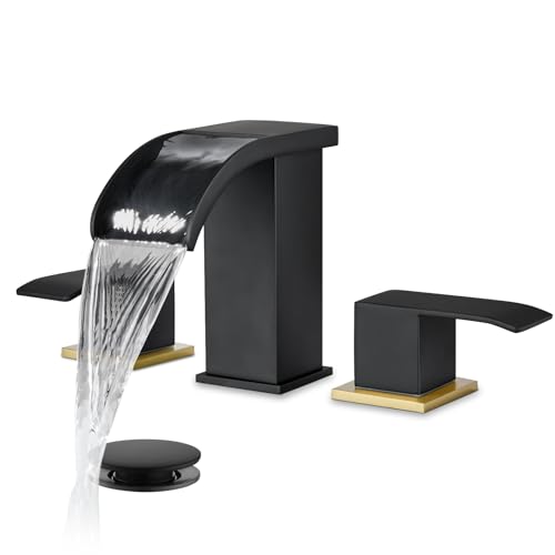 gotonovo Waterfall Bathroom Faucet 3 Hole Square Body,Black&Brushed Gold | SUS304 8’’ Widespread Bathroom Sink Faucet,2.17’’ Wide Spout,24’’ cUPC Hose,Pop Up Drain,2 Handle,Vanity,Lavatory,Basin,RV - color: Black&Gold