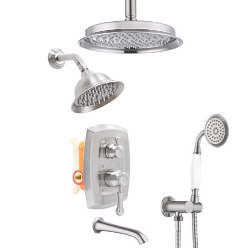 Antique Dual Rain Head Shower Faucet Set with Tub Spout | Vintage Handheld Spray, Multi-layer Plating, 4-Function Diverter Valve wtih Trim Kit, Brused Nickel Finish - color: Brushed Nickel