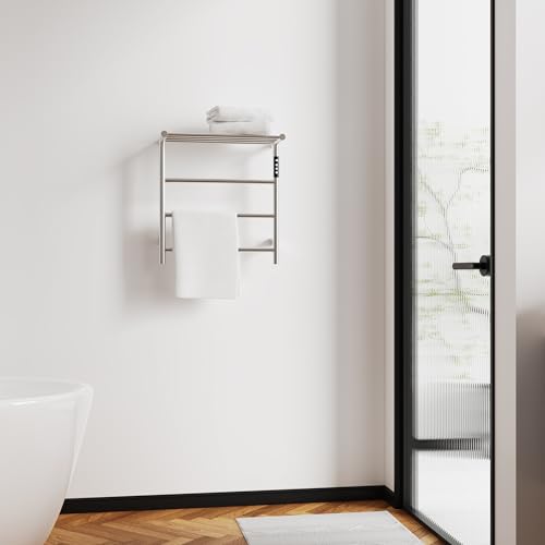 Towel Warmers for Bathroom, Stainless Steel Heated Towel Racks with Top Shelf, Wall Mounted Towel Heater with Intelligent Touch Screen Timer & Temperature Adjustment, Plug-in/Hard-Wired - color: Brushed Nickel, size: 3-Bar with Top Shelf