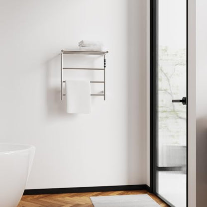 Towel Warmers for Bathroom, Stainless Steel Heated Towel Racks with Top Shelf, Wall Mounted Towel Heater with Intelligent Touch Screen Timer & Temperature Adjustment, Plug-in/Hard-Wired - color: Brushed Nickel, size: 3-Bar with Top Shelf