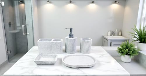 Hymmah Marble Pattern Bathroom Accessories Set, Toothbrush Holdr Set, 5 Pieces Resin Bathroom Set with Toothbrush Holder, Soap Dispenser, Soap Dish,Tumbler (Gray Granite) - color: Gray Granite