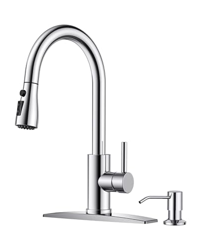 FORIOUS Kitchen Faucet with Soap Dispenser, Pull Down Sprayer, Chrome | High Arc Single Handle, Lead-Free Stainless Steel, 3 mode Sprayer, Classic Bar Sink Faucet for Outdoor Rv Laundry Camper - color: Chrome, style: Classic