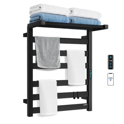 Towel Warmer Rack with WiFi, 6 Bars Large Heated Towel Racks, Black | WiFi App Remote, Foldable Space-Saving Bracket, Child Lock, 5 Temp Levels, 1–24H Timer, LED Display, Stainless Steel, Plug-in - color: Matte Black