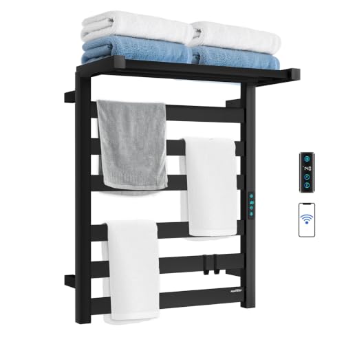 Towel Warmer Rack with WiFi, 6 Bars Large Heated Towel Racks, Black | WiFi App Remote, Foldable Space-Saving Bracket, Child Lock, 5 Temp Levels, 1–24H Timer, LED Display, Stainless Steel, Plug-in - color: Matte Black