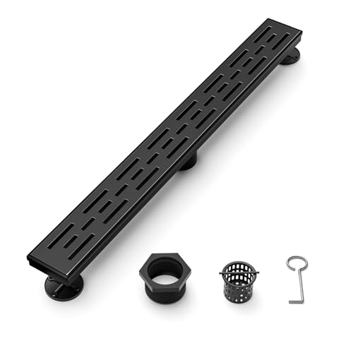 24 Inch Black Linear Shower Drain, Rectangular Shower Floor Drains with Brickwork Cover, 304 Stainless Steel Linear Drain with Leveling Feet, Hair Strainer (Matte Black)