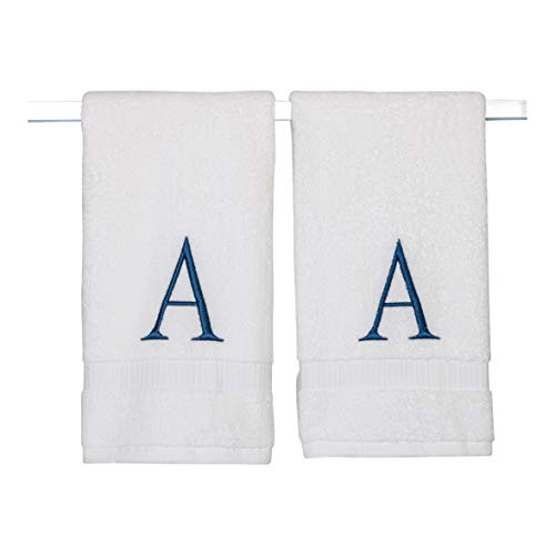 White with Navy Monogrammed Hand Towels for Bathroom - Set of 2 Letter A | Luxury Hotel Quality Initial Towels For Powder Room, Spa, GOTS Organic Certified - color: Navy, size: Initial A