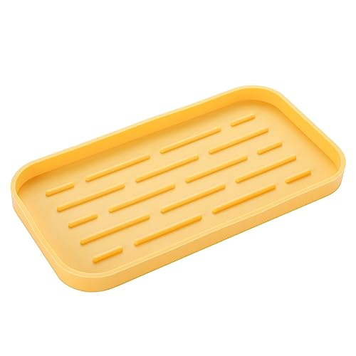 MicoYang Silicone Kitchen Sink Organizer Tray for Multiple Usage,Easy Clean,Eco-Friendly Sponges Holder for Kitchen Bathroom Counter or Sink,Dish Soap Dispenser,Scrubber,Bottle,Cup Yellow 10”x 5.3” - color: Yellow, size: 10" x 5.3" x 0.7"