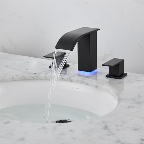 Bathroom Faucet 3 Hole, Matte Black Waterfall Bathroom Faucets, 8 Inch Widespread Modern Bathroom Sink Faucet & Parts, Wide Spread Touch On Three Hole 2 Handle Bathroom Vanity Faucet - color: Matte Black