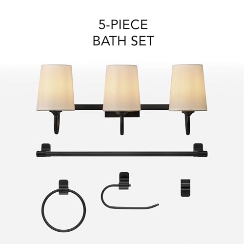Globe Electric 63000206 5-Piece All-in-One Bathroom Set, 3-Light Vanity Light, Matte Black, Linen Shades, Towel Bar, Robe Hook, Toilet Paper Holder, Towel Ring, Bathroom Lights Over Mirror - color: Matte Black, Linen