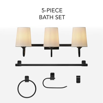 Globe Electric 63000206 5-Piece All-in-One Bathroom Set, 3-Light Vanity Light, Matte Black, Linen Shades, Towel Bar, Robe Hook, Toilet Paper Holder, Towel Ring, Bathroom Lights Over Mirror - color: Matte Black, Linen