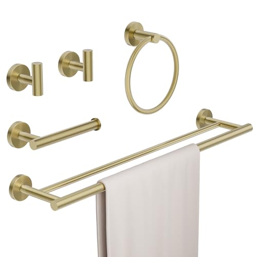 Brushed Gold Bathroom Hardware Accessories Set 5 pcs Towel Holder Bar Set | 24 inches Stainless Steel Towel Bar, Towel Racks for Bathroom Robe Towel Hooks Toilet Paper Holder Wall Mounted by BATHLAVISH - color: Brushed Gold