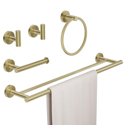 Brushed Gold Bathroom Hardware Accessories Set 5 pcs Towel Holder Bar Set | 24 inches Stainless Steel Towel Bar, Towel Racks for Bathroom Robe Towel Hooks Toilet Paper Holder Wall Mounted by BATHLAVISH - color: Brushed Gold
