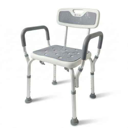 Dr. Aid Shower Chair, 6-Height Adjustable, 400 lbs, Grey Seat Cushion | Height Adjustable, Anti-Slip, Tool-Free Assembly, Arms & Back Support
