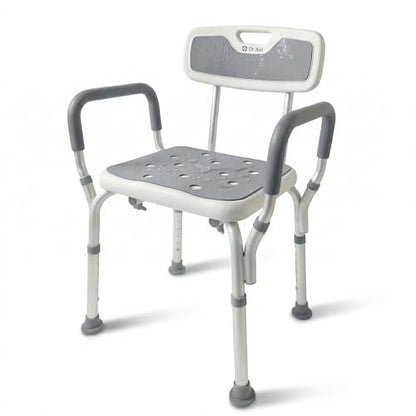 Dr. Aid Shower Chair, 6-Height Adjustable, 400 lbs, Grey Seat Cushion | Height Adjustable, Anti-Slip, Tool-Free Assembly, Arms & Back Support