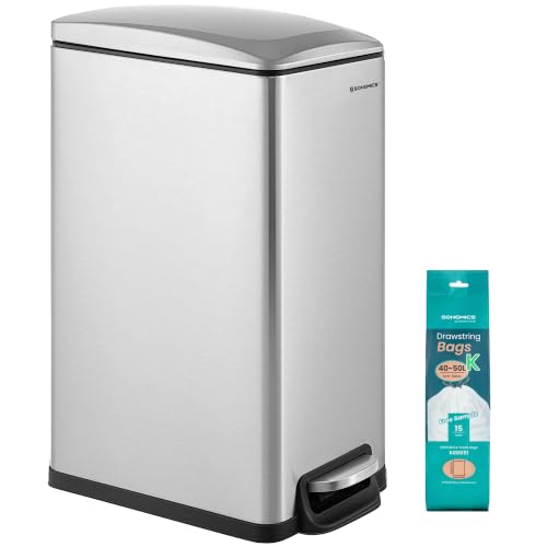 SONGMICS Slim Trash Can, 13-Gallon (50 L) Garbage Can for Narrow Spaces with Soft-Close Lid, Inner Bucket, and Step-on Pedal, Stainless Steel, 15 Trash Bags Included, Silver ULTB510E48 - color: Silver, style: 13 Gal.