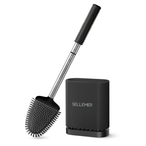Silicone Toilet Brush, Ventilation Slots Base Holder 1 Pack, Black | Flexible Bristles Flat Head for Rim, Hair Tangle-Free, Easy to Clean, Compact Design, Rustproof Handle, for Toilet/Sink/Tub - color: Black-1pcs