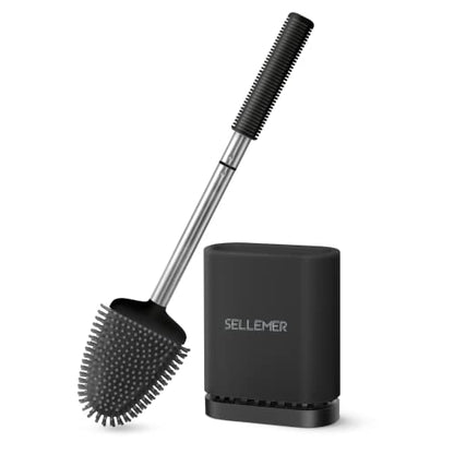Silicone Toilet Brush, Ventilation Slots Base Holder 1 Pack, Black | Flexible Bristles Flat Head for Rim, Hair Tangle-Free, Easy to Clean, Compact Design, Rustproof Handle, for Toilet/Sink/Tub - color: Black-1pcs