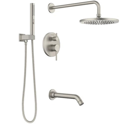 Lava Odoro Modern Rain Bathtub and Shower Faucet Set, SF104-BN-T | 3-Setting Round Bathtub Shower Faucet, Shower System with Tub Spout, Bath Shower Valve Trim Kit, 10 Inch, Brushed Nickel - color: Brushed Nickel, style: With Tub Spout