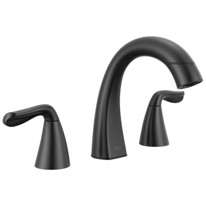 Delta Arvo Matte Black Bathroom Faucet with Sprayer, 8 Inch 3 Hole Widespread Bathroom Sink Faucet with Pull Out Sprayer, Push-Pop Drain, Matte Black 35840LF-BLPD - color: Matte Black