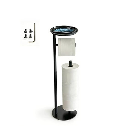 Toilet Paper Holder Black Metal Free Standing Bathroom Paper Holder Stand with Anti-Slip Base and Storage Shelf,Roll Tissue Holder Dispenser for 4 Reserve Rolls