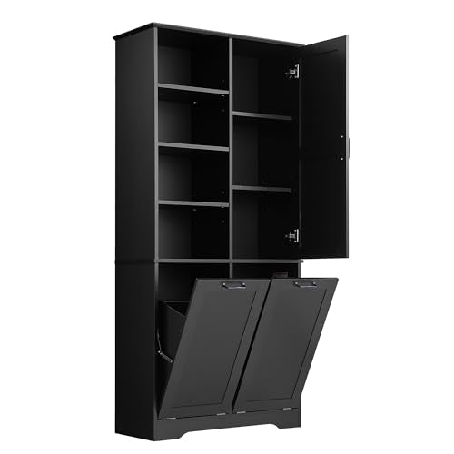 Merax Cabinet with Tilt-Out Laundry Hamper Basket, Tall Bathroom Storage Organizer Linen with Open Shelf for Home, Freestanding, Black - color: Black
