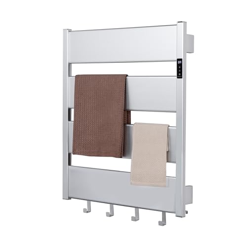 K&KALONZO Electric Heated Towel Rack, 2-Min Heat, Plug-in/Hardwired, H4-S | Wall Mounted, 10 Timers & 3 Heat Levels, 2H Rapid Dry, Anti-Scald, Aerospace Aluminum Towel Warmer for Bathroom, 4 Hooks, - color: Silver, size: 4-Bar