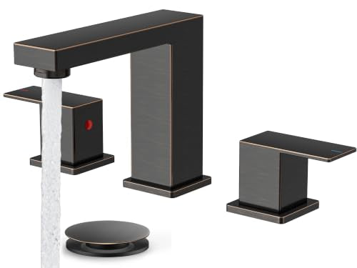 FORIOUS 3 Hole Oil Rubbed Bronze Bathroom Faucet Widespread Square, Antique | CUPC Two Handle 8 In Antique Bronze Bathroom Faucet 3 Hole with Drain, Hose and Water Saving Aerator for Restroom, Commercial - color: Oil Rubbed Bronze, style: Modern