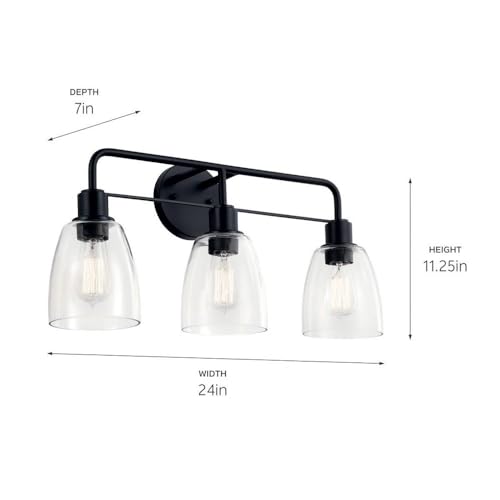 Kichler Meller 24.25" 3-Light Bathroom Vanity Light Fixture with Clear Glass Shades in Brushed Nickel, Industrial Modern Style Over Mirror (24.25" x 11.25" x 7"), 55102NI - color: Brushed Nickel, style: 3 Light